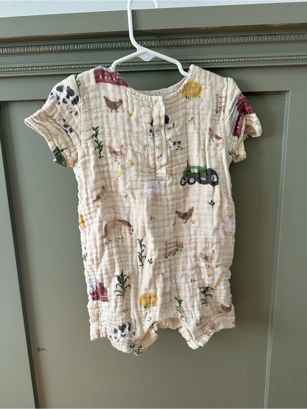 Tullabee Cream Farm & Tractor Print Short Sleeve Muslin Romper